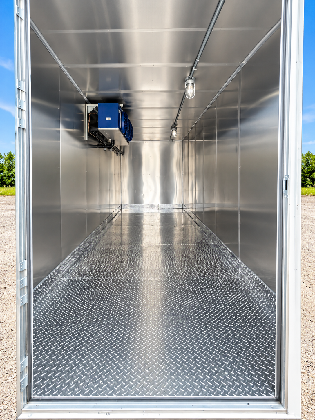 Insulated cold-storage interior of a portable commercial refrigeration trailer rental
