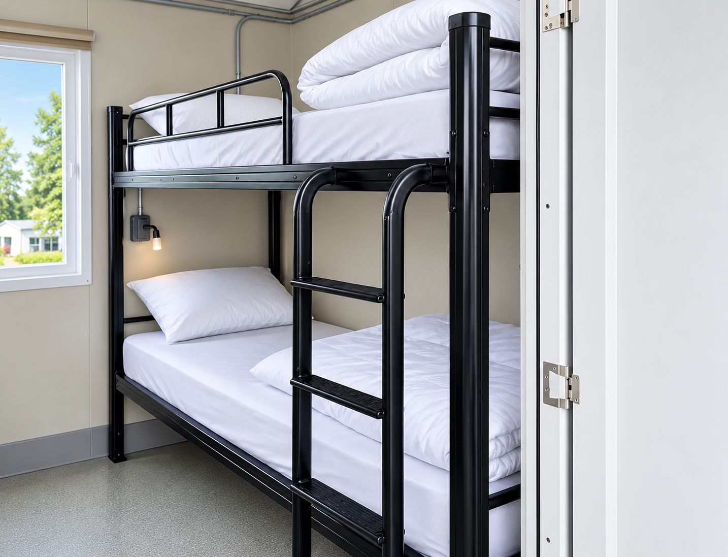 Bunkbed sleeping-room interior in a portable sleeper and bunkbed trailer rental