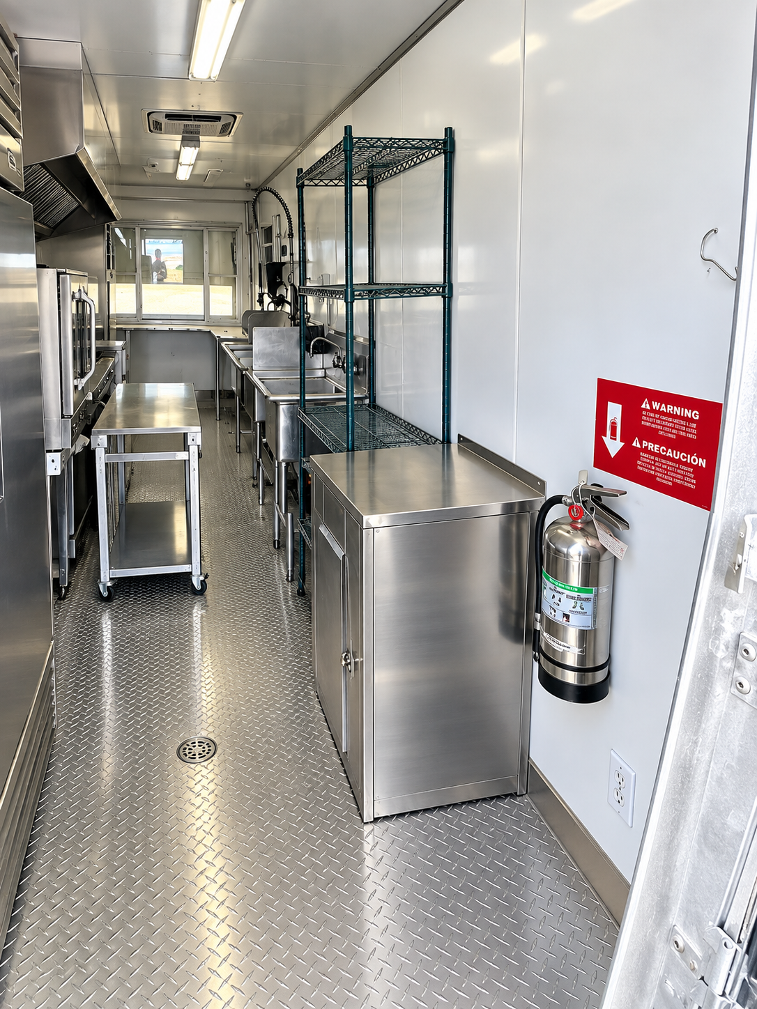 Actual stainless steel cooking and prep equipment inside a mobile commercial kitchen