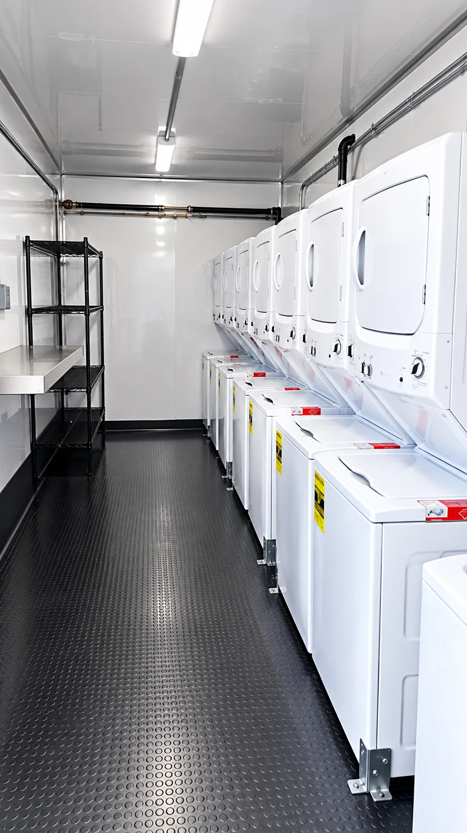 Stacked washers and dryers inside a mobile laundry trailer rental